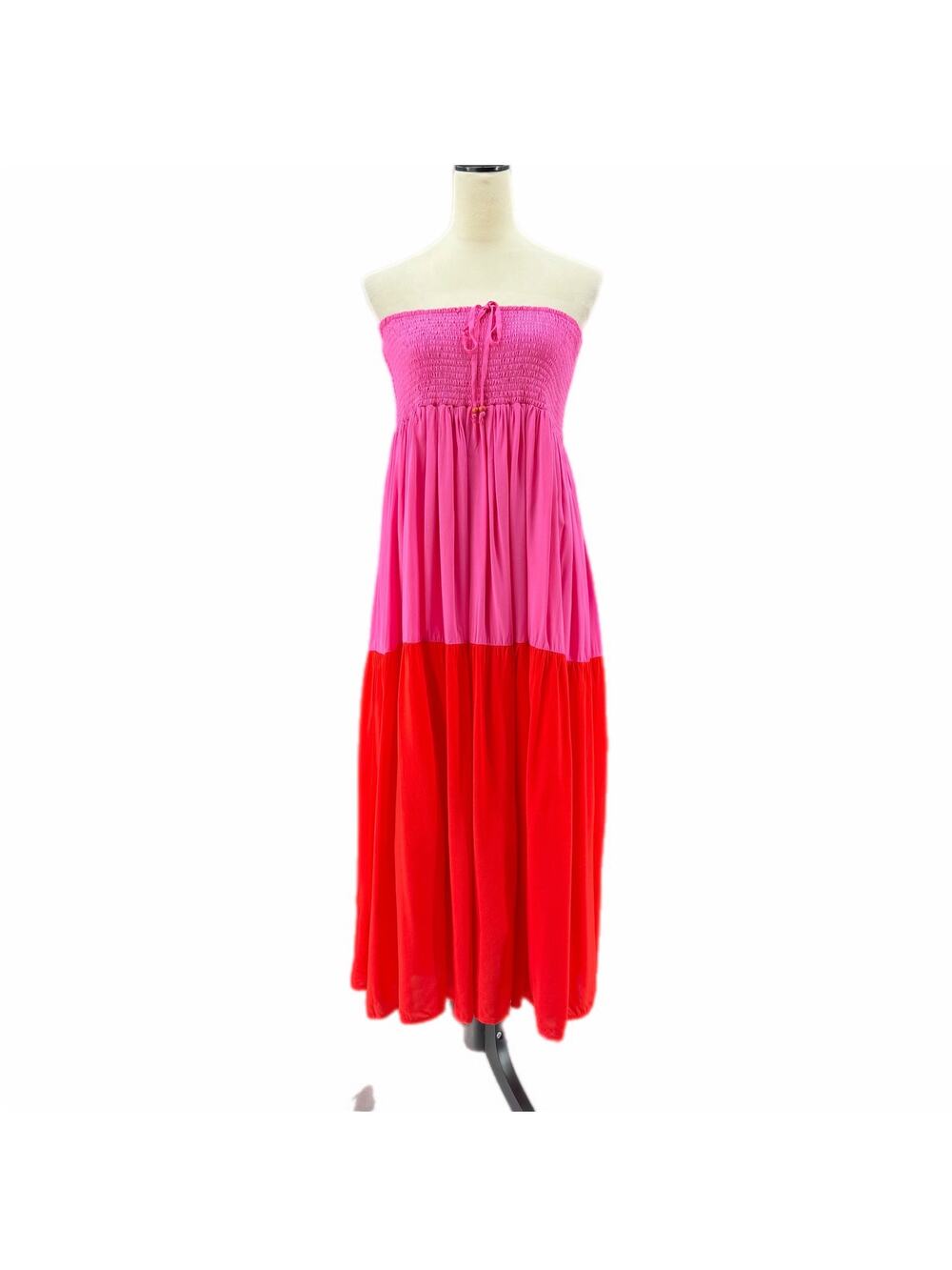 Main Strip Pink Red Colorblock Ruched Empire Waist Strapless Tie Maxi Dress